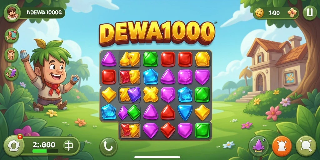 Tangkapan layar gameplay DEWA1000 dengan elemen Match-3 yang penuh warna.
