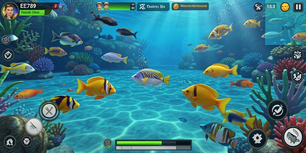 Tampilan gameplay memukau dari EE789 saat menembak berbagai ikan.
