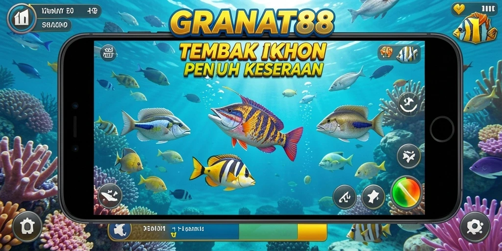 Tampilan gameplay menarik di <strong>GRANAT88</strong> menunjukkan aksi menembak ikan.