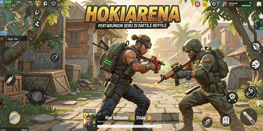 Gameplay HOKIARENA dengan pertarungan intens di arena.