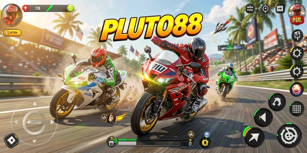 Screenshot gameplay PLUTO88 dengan aksi balapan motor mendebarkan.